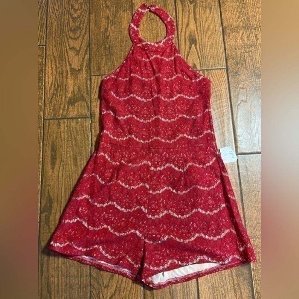 Giddy Up Glamor Open Back Red Lace Romper. Size Medium.